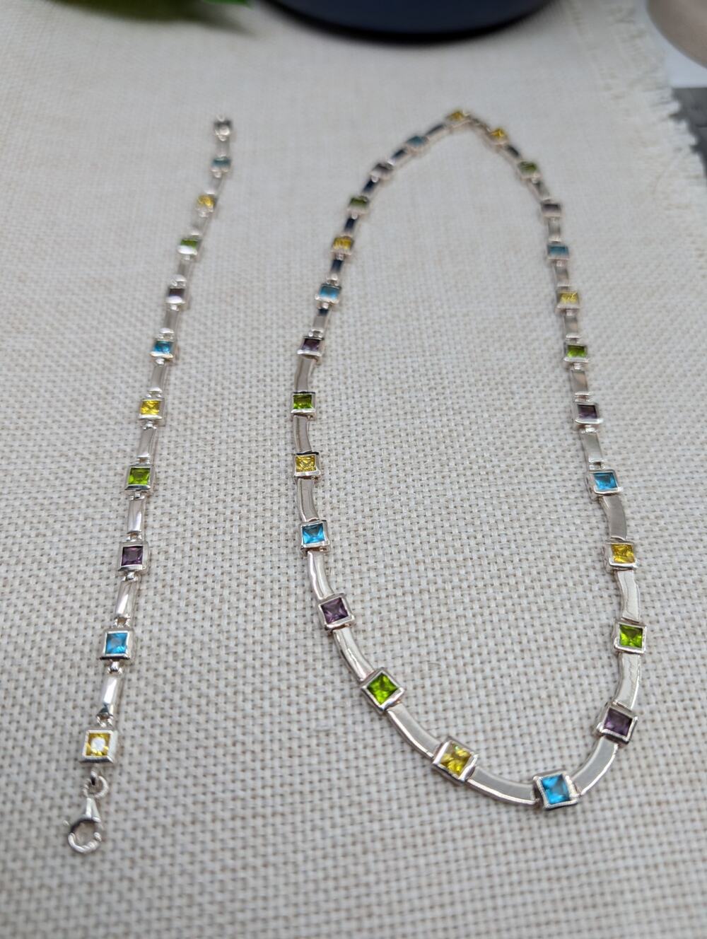 AGM 925 Sterling Silver Multi Gemstone Station Necklace & Bracelet Set